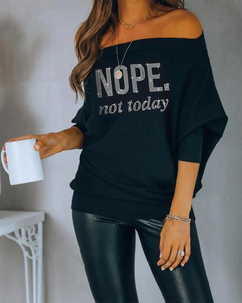 

Rhinestone Letter Design Batwing Sleeve Casual Top, Black