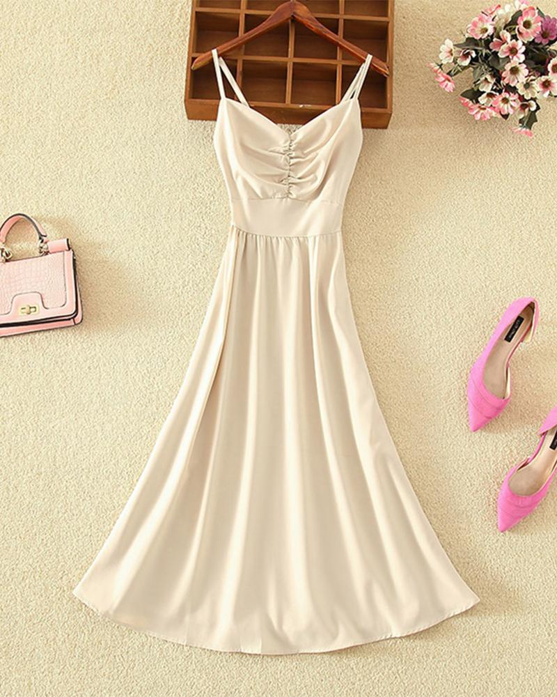 

Solid Strap Sleeveless Skinny Waist Midi Backless Dress, Apricot