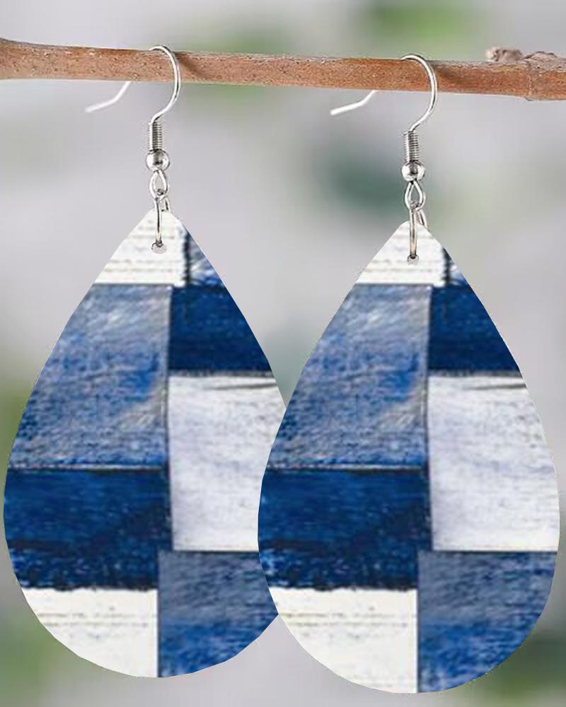 

1pc Denim Look Print Waterdrop Shaped Dangle Hook Earrings, Blue