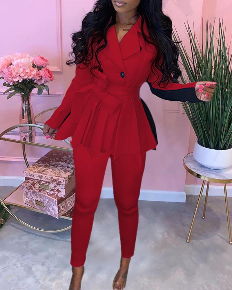

Colorblock Double Breasted Ruffles Hem Blazer Coat & Pants Set, Red