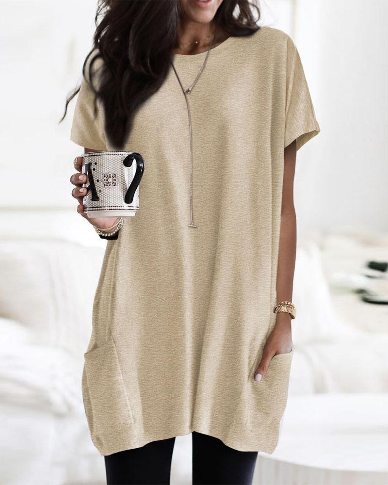 

Pocket Design Round Neck Casual T-shirt, Apricot