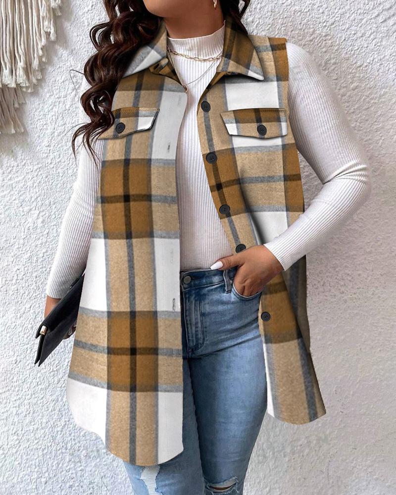 

Plus Size Plaid Pattern Button Down Flap Detail Sleeveless Coat, Khaki