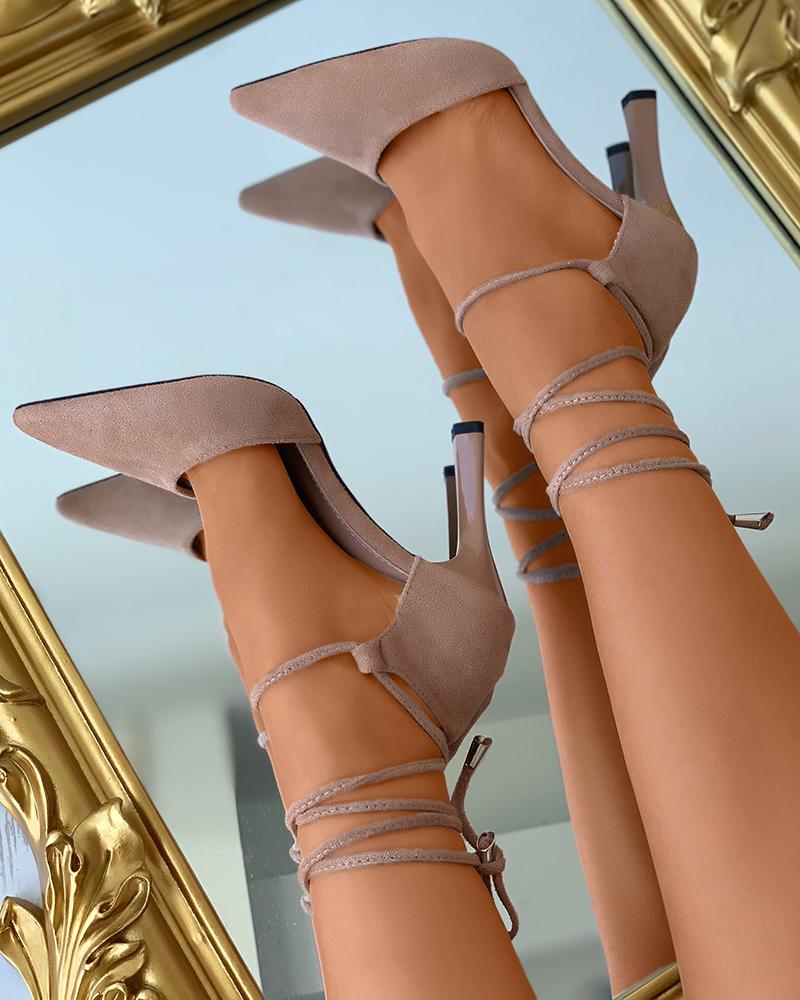

Strappy Pointed Toe Suede Heels, Khaki