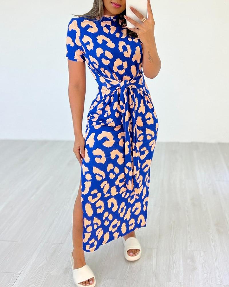 

Leopard Print Knotted Slit Casual Dress, Blue