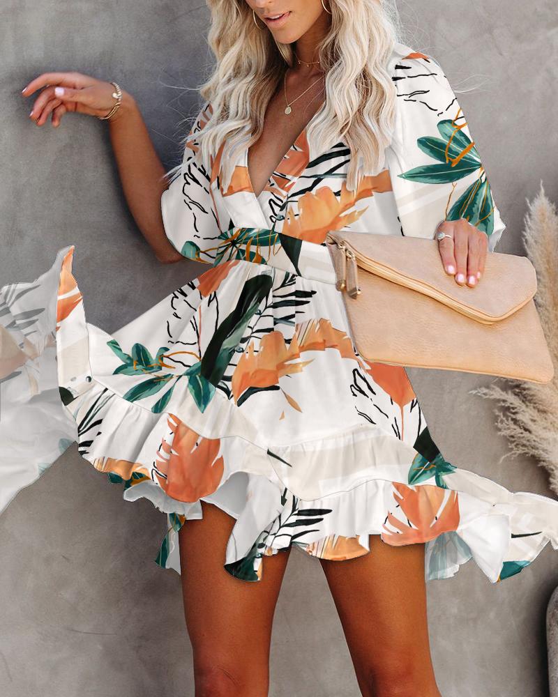 

Floral Print V-Neck Ruffle Hem Dress, White