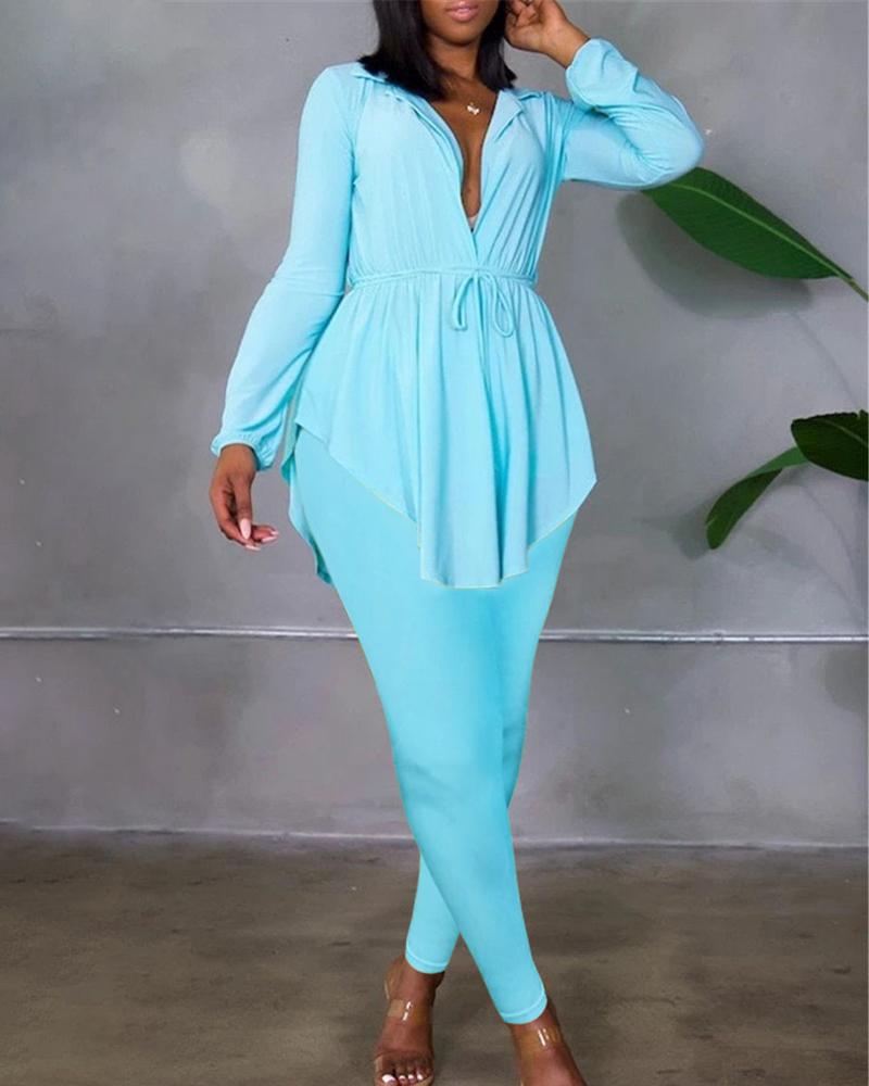 

Drawstring Ruched Long Sleeve Top & Pants Set, Sky blue