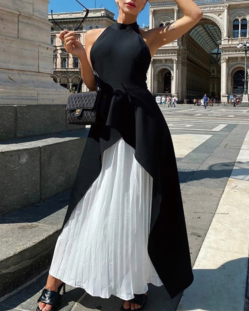 

Colorblock Ruffle Hem Sleeveless Halter Maxi Dress, Black