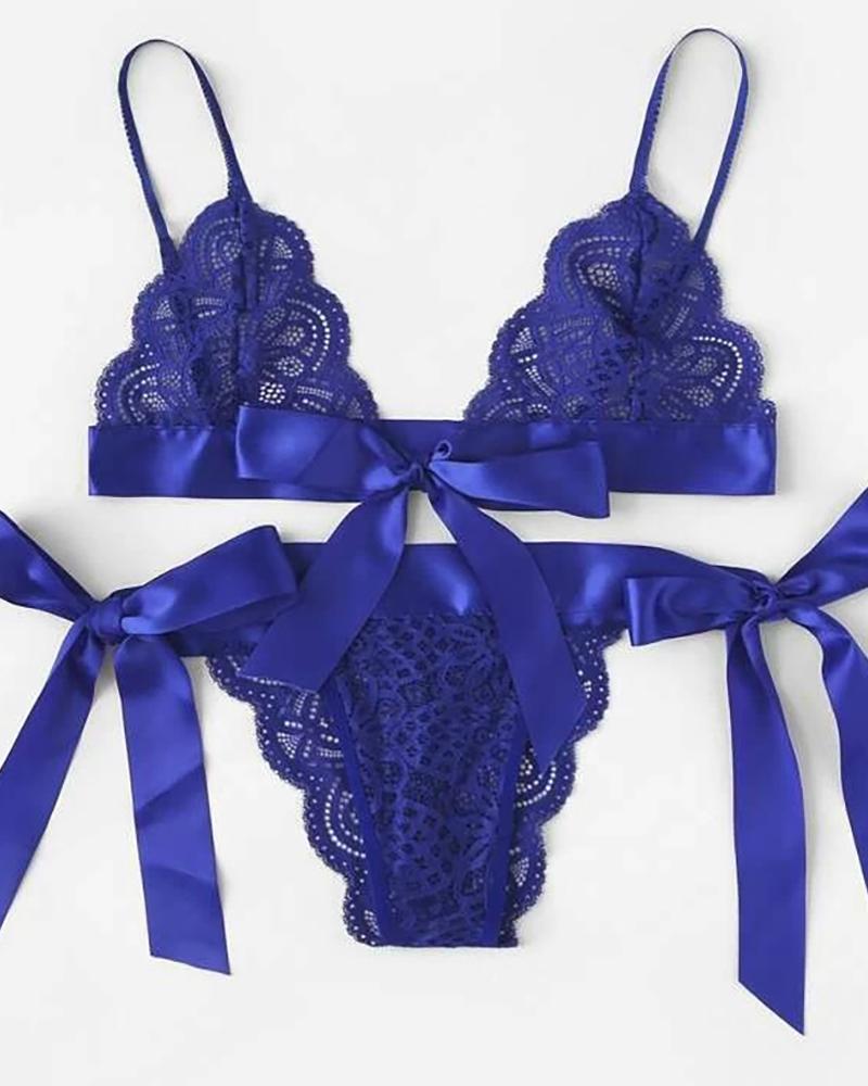 

Bowknot Design Crochet Lace Bra Set, Blue