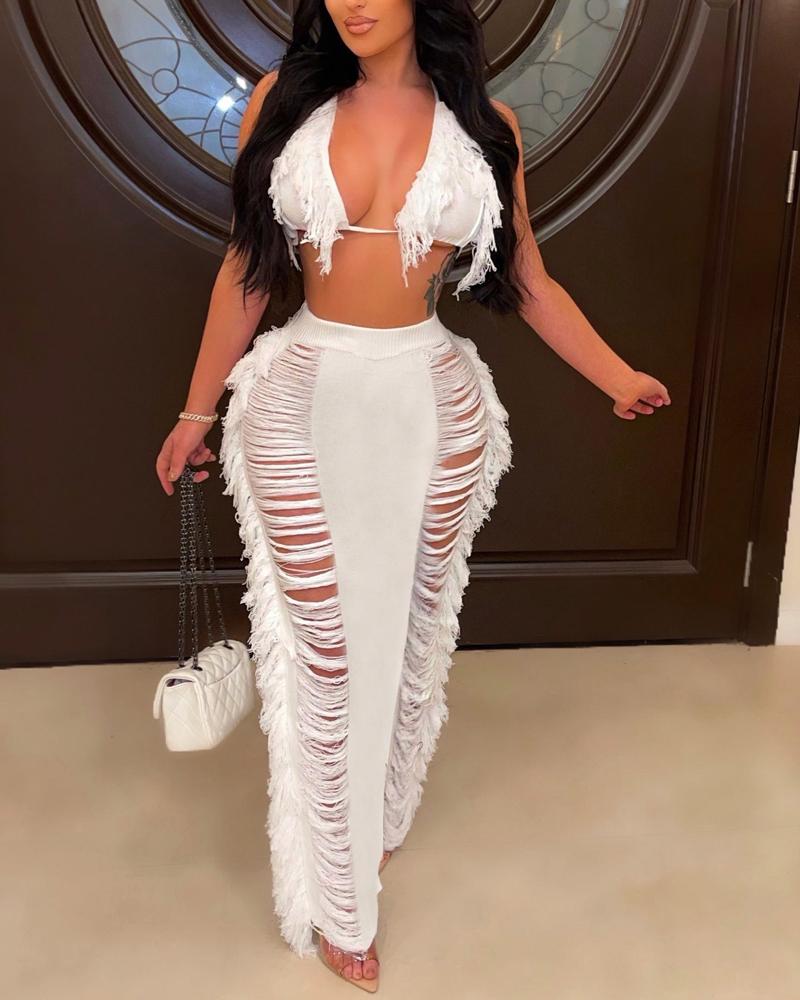 

Tassel Design Top & Ladder Cutout Cover Up Skirt Set, White