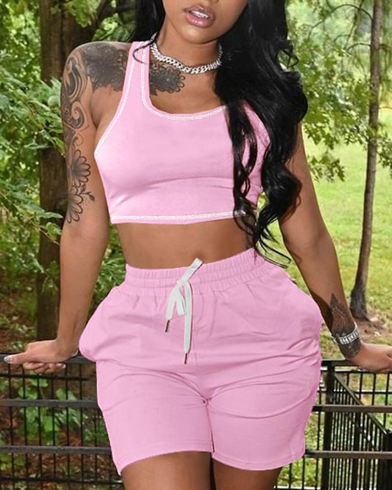 

Contrast Stitching Crop Tank Top & Drawstring Shorts Set, Pink