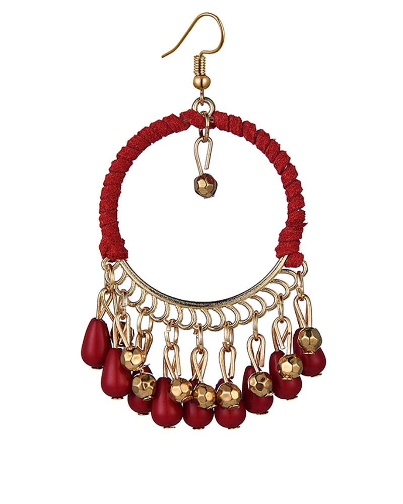 

1Pair Clan Boho O-Ring Beaded Waterdrop Pendant Hoop Earrings, Red