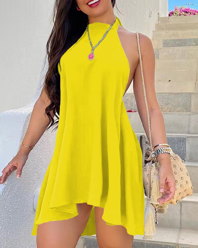 

Plain Halter Backless Casual Dress, Yellow