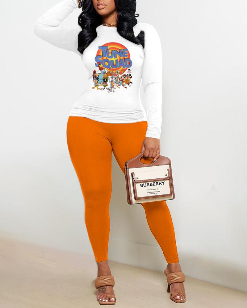 

Plus Size Graphic Letter Print Long Sleeve Top & Pants Set, Orange