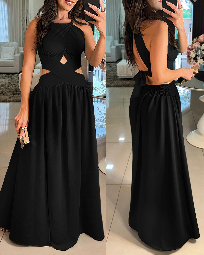 

Halter Sleeveless Tied Detail Shirred Criss Cross Flared Dress Glamorous Evening Dress, Black