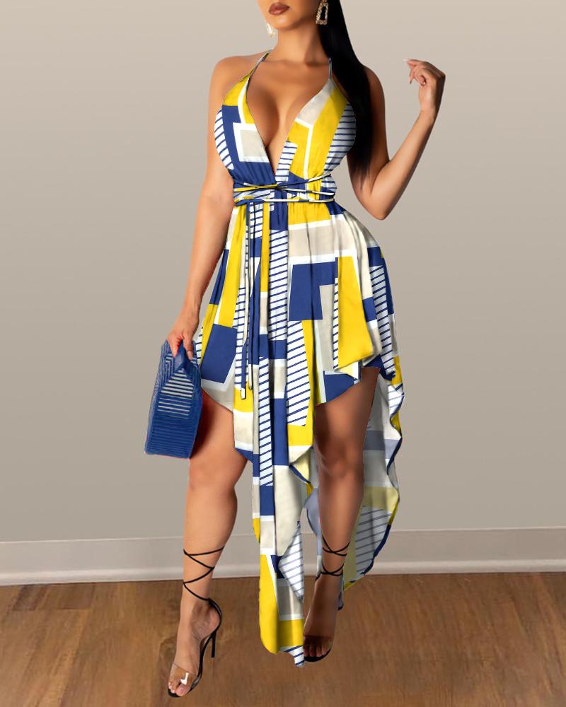 

Floral Print Pleated Backless Irregular Dress, Yellow