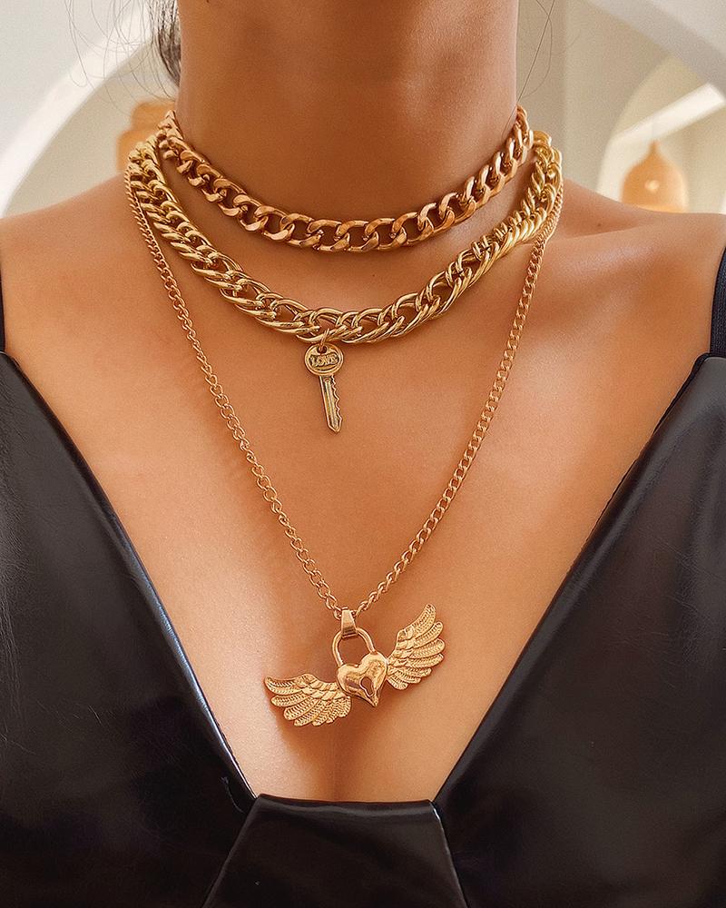 

Key & Heart Lock Pendant Chain Necklace, Gold