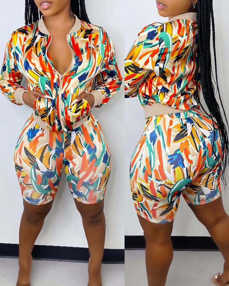 

Pocket Zipper Decor Allover Print Coat & Shorts Set, Multicolor