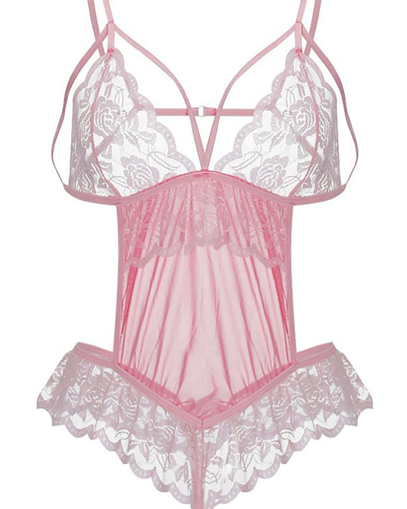 

Spaghetti Strap Sheer Mesh Cutout Lace Teddy, Pink