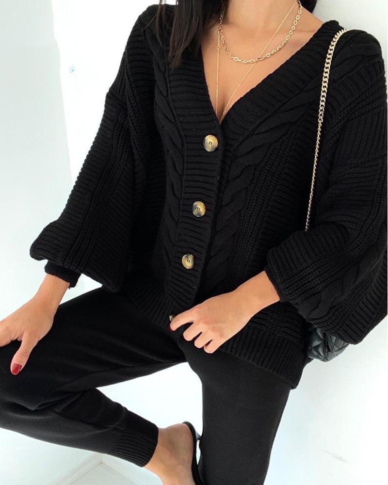

Button Front Lantern Sleeve Cardigan & Pants Set, Black