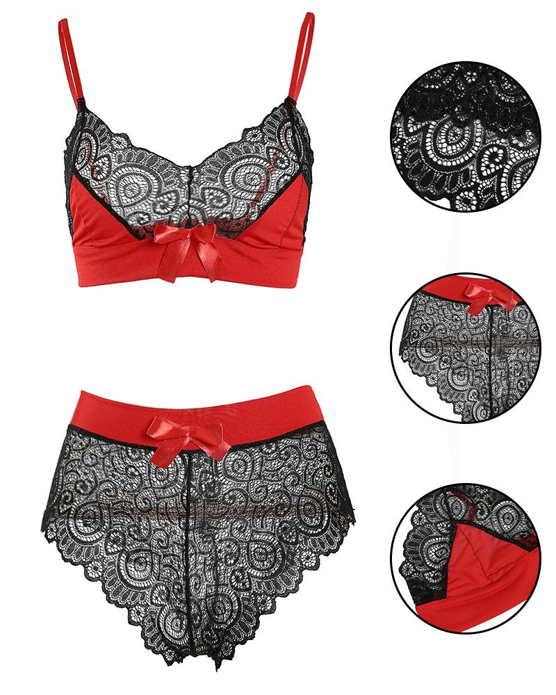 

Satin Bowknot Decor Contrast Lace Lingerie Set, Red