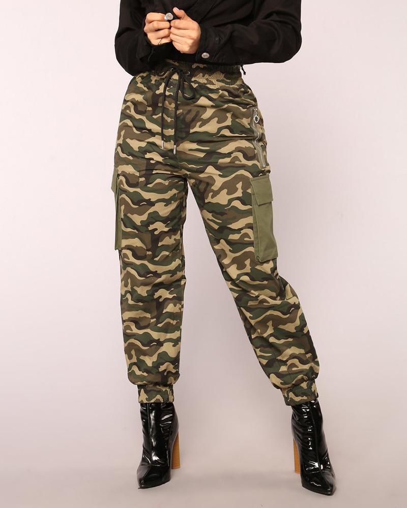 

Drawstring Camouflage Print Pocket Design Cargo Pants, Green