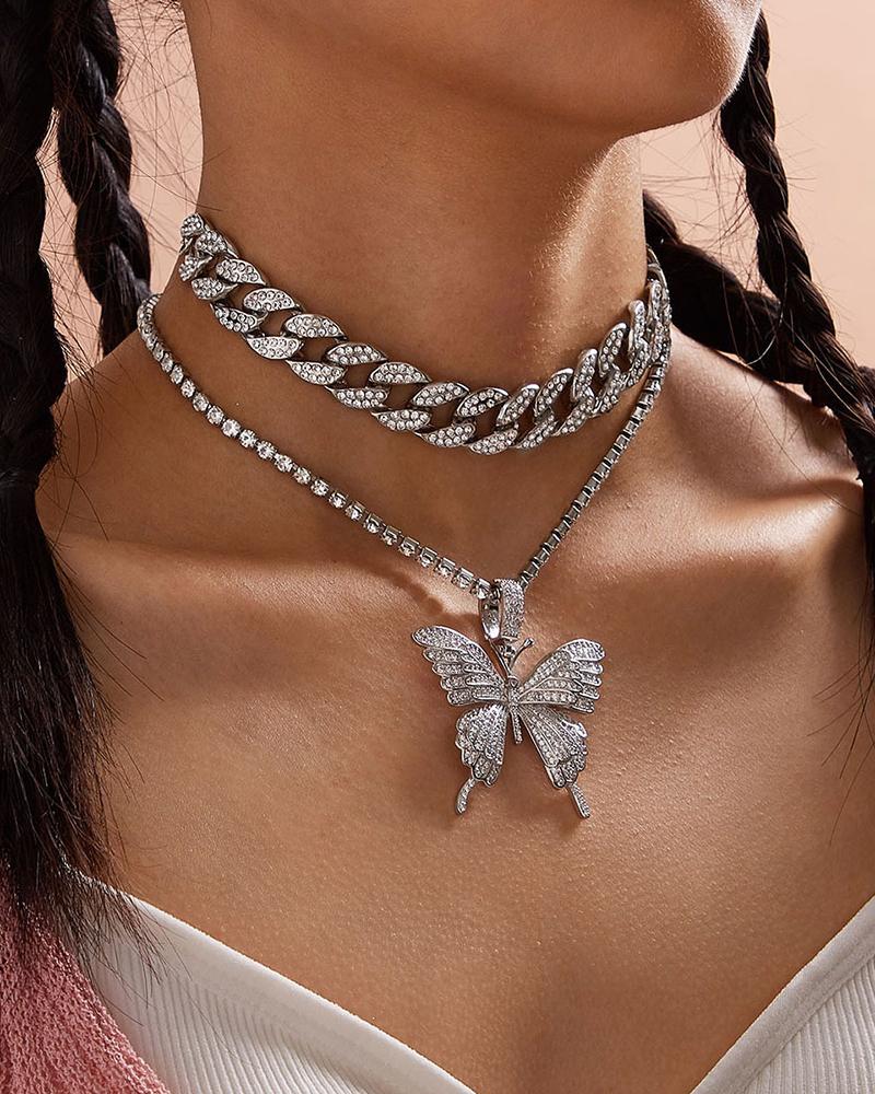 

Studded Butterfly Pendant Necklace, Silver