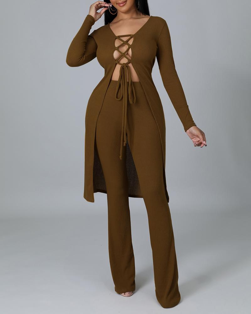 

Ribbed Lace-up Top & High Waist Bootcut Pants Set, Brown