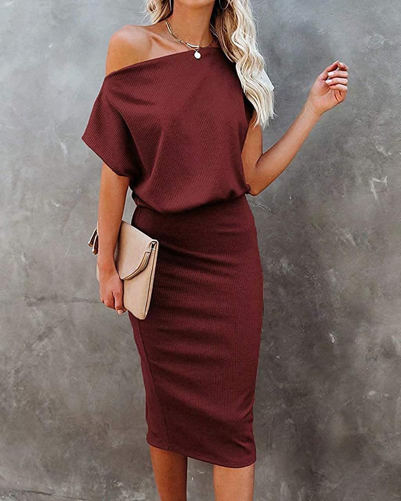 

Batwing Sleeve Off Shoulder Bodycon Dress, Dark red
