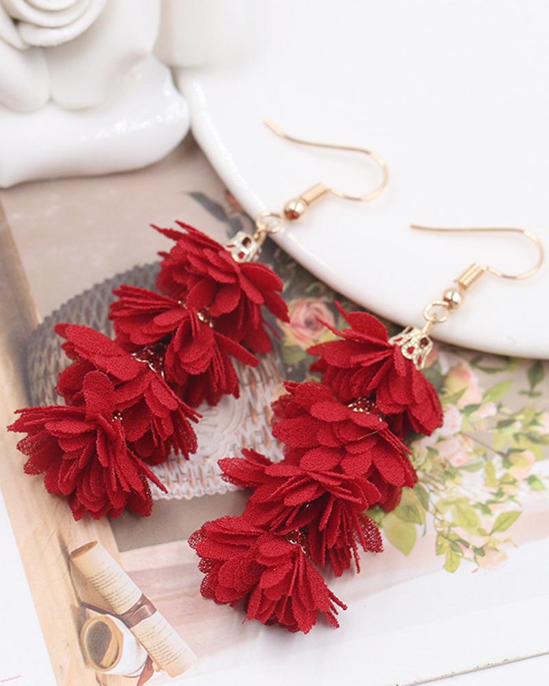 

1Pair Layered Flower Shaped Bohemian Drop Earrings, Red