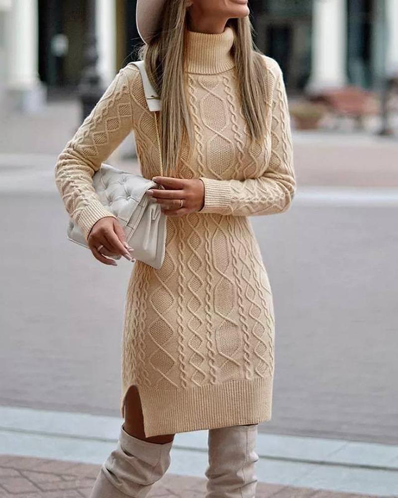 

Long Sleeve Turtleneck Cable Knit Sweater Dress, Apricot