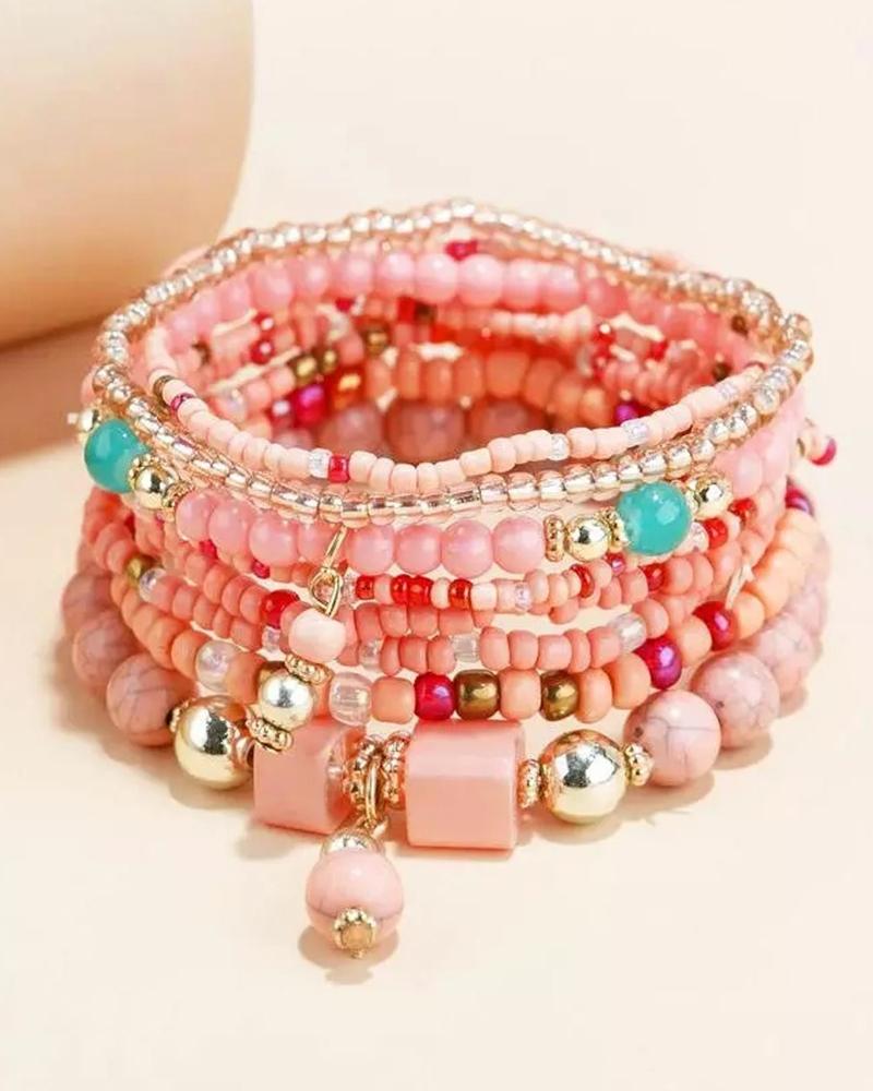 

1pcs Bohemian Multi-layer Beaded Crystal Stone Bracelet, Pink