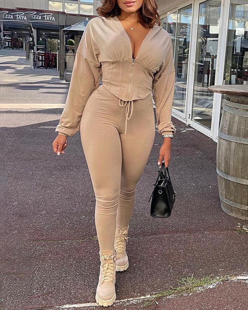 

Lantern Sleeve Zipper Front Corset Top & Drawstring Pants Set, Apricot