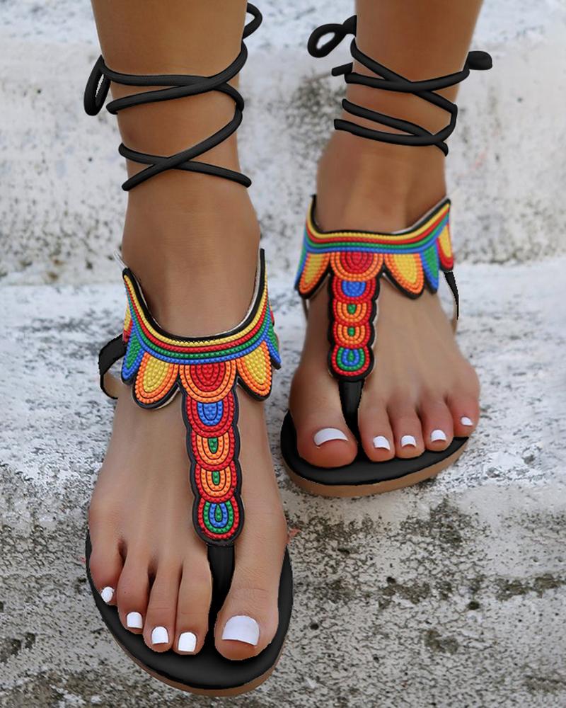 

Colorblcok Toe Post Strappy Sandals, Black