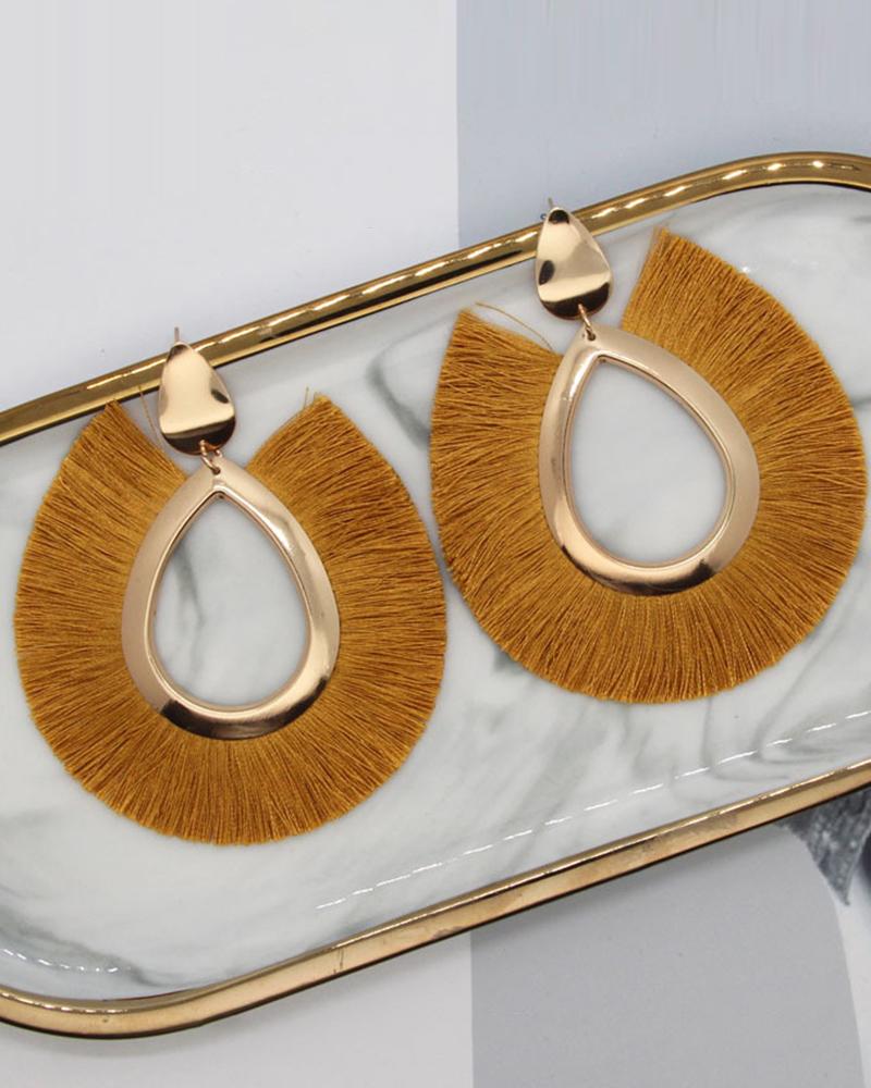 

1Pair Bohemian Tassel Design Hollow Waterdrop Hoop Earrings, Brown