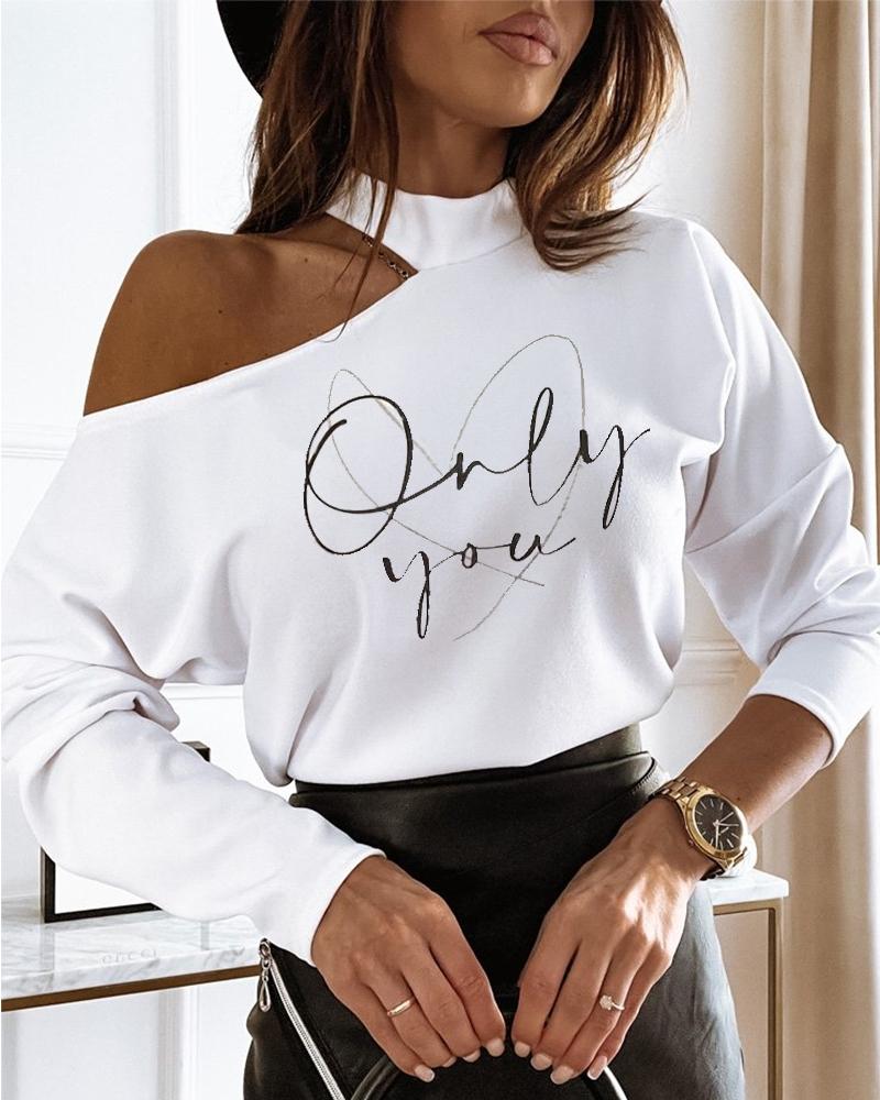 

Letter Heart Pattern Cold Shoulder Long Sleeve Top Casual Daily Shirt, White