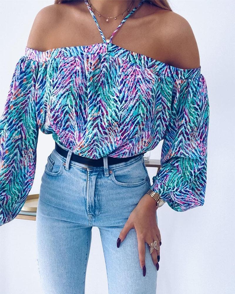 

Allover Print Halter Off Shoulder Top, Blue