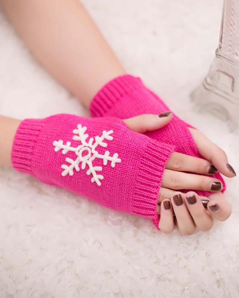 

1Pair Christmas Snowflake Embroidery Fingerless Gloves, Hot pink