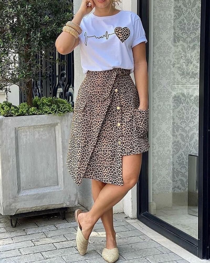 

Heart Cheetah Print Top & Buttoned Asymmetrical Skirt Set, Leopard