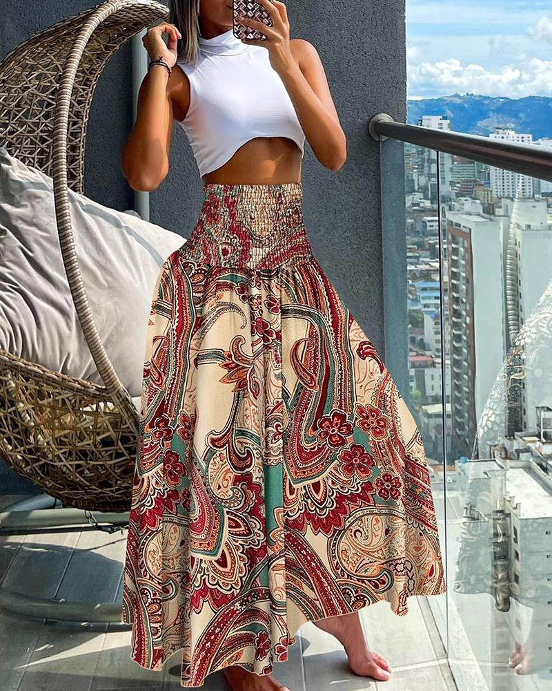 

Paisley Tribal Print Shirred Wide Leg Pants, Apricot