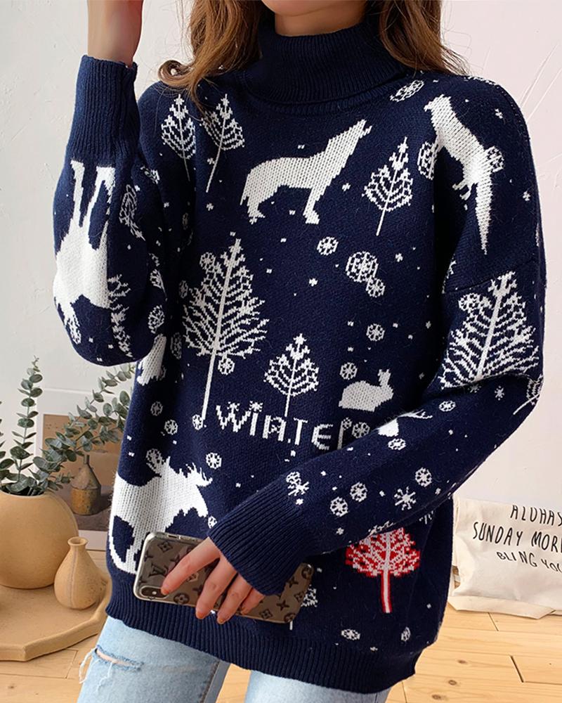 

Christmas Print High Neck Casual Sweater, Dark blue