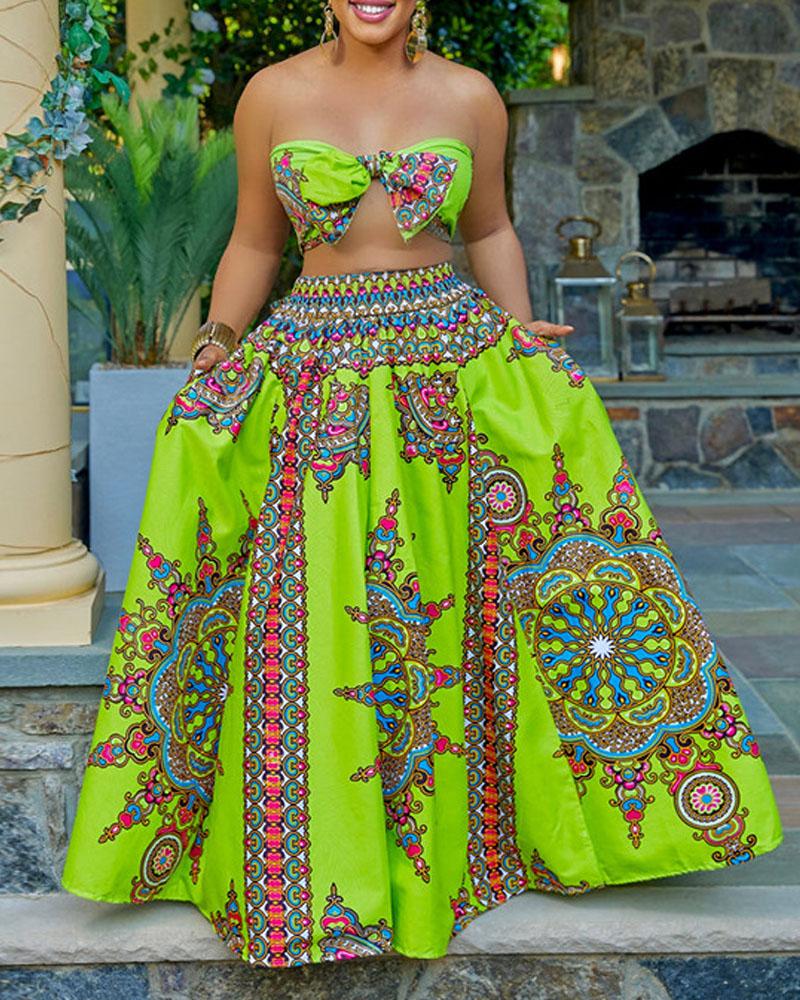 

Plus Size Tribal Print Crop Tube Top & Maxi Skirt Set, Green