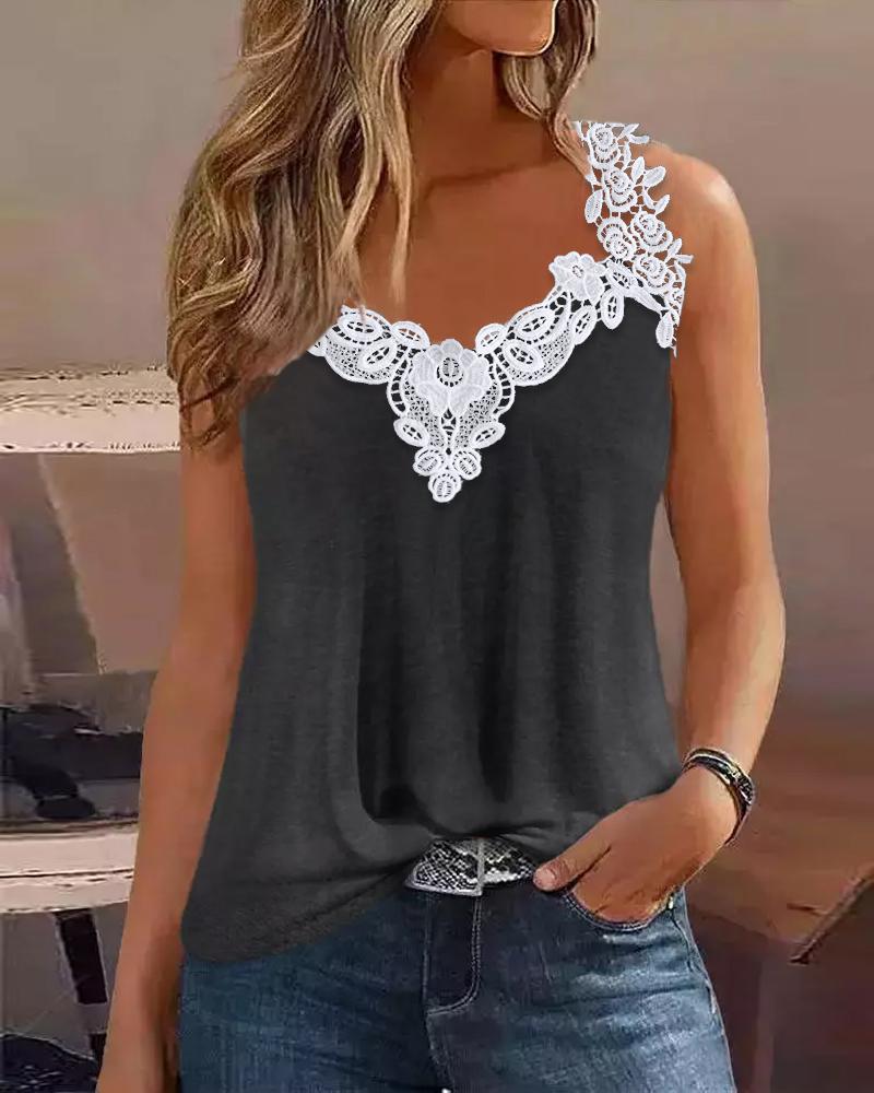 

Contrast Lace Patch Tank Top, Dark grey