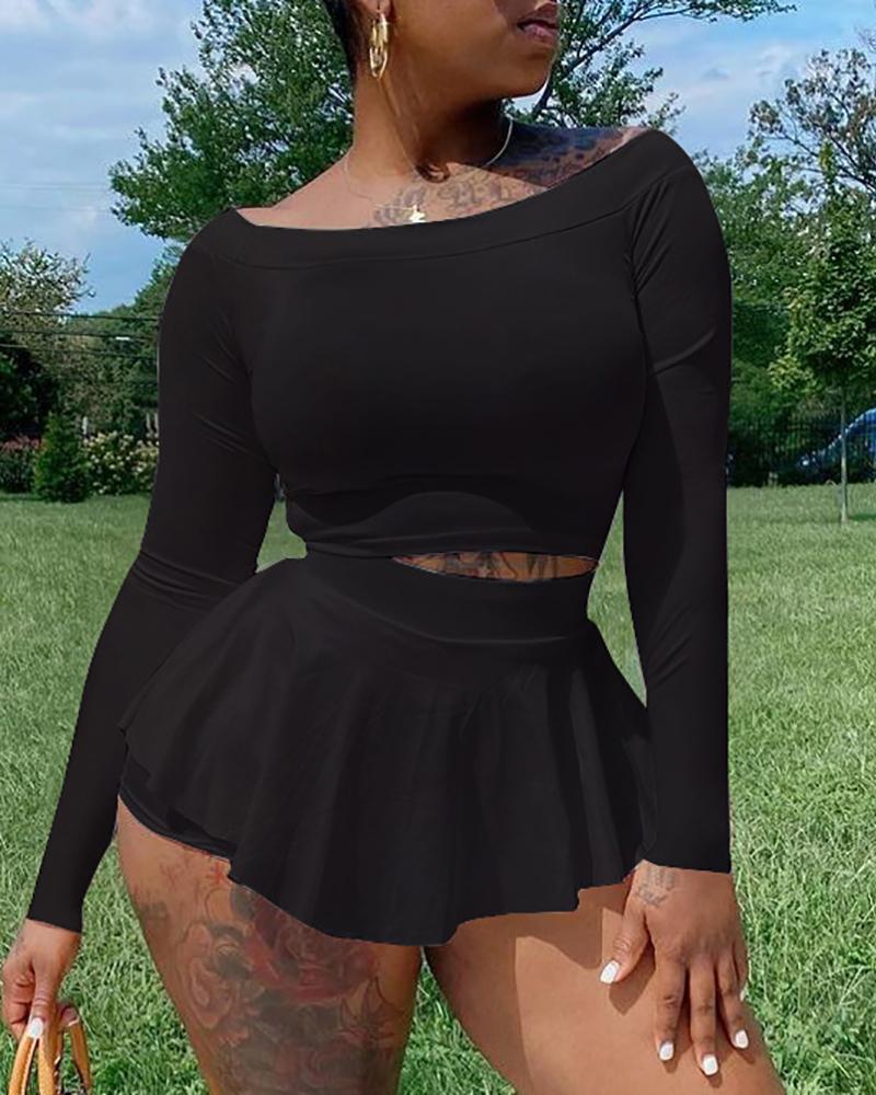 

Skinny Long Sleeve Crop Top & Skorts Set, Black