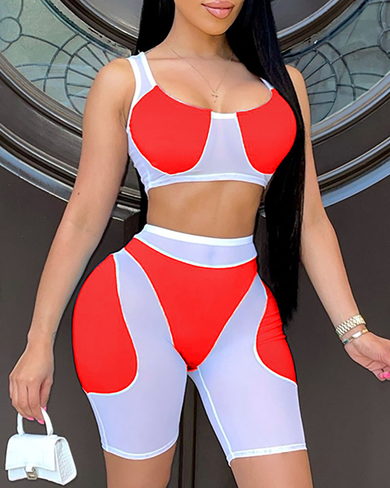 

Plain / Colorblock Sheer Mesh High Waist Active Sets, Red