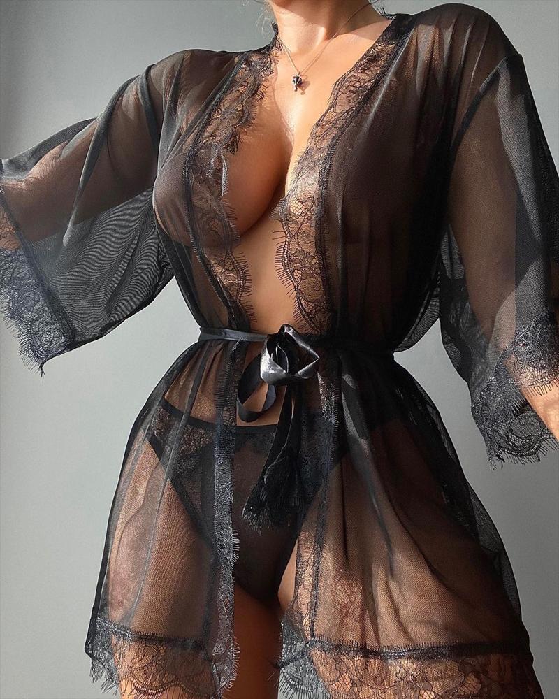 

Contrast Lace Sheer Mesh Belted Night Robe With Thong, Black