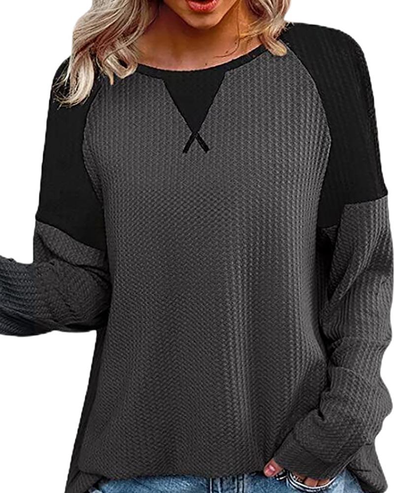 

Long Sleeve Colorblock Round Neck Casual Top, Black