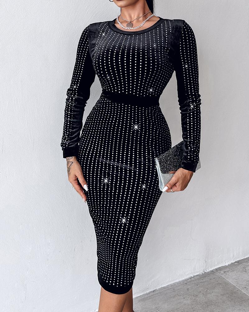 

Rhinestone Embellished Long Sleeve Evening Party Midi Dress, Black