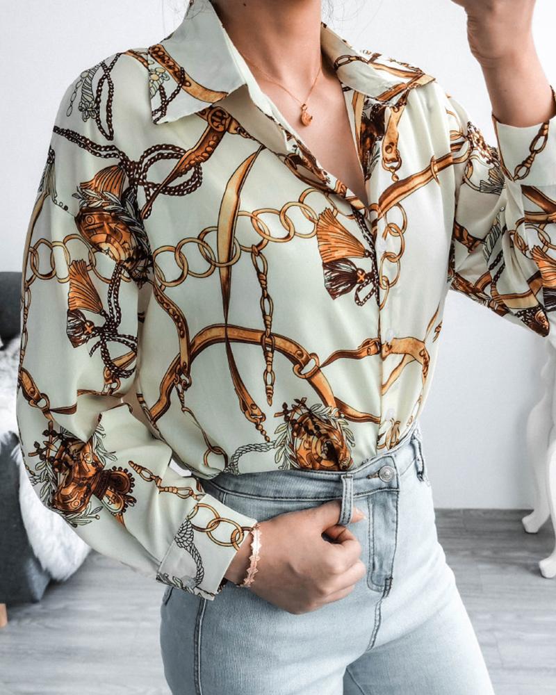 

Scarf Print Button Design Long Sleeve Top, Beige