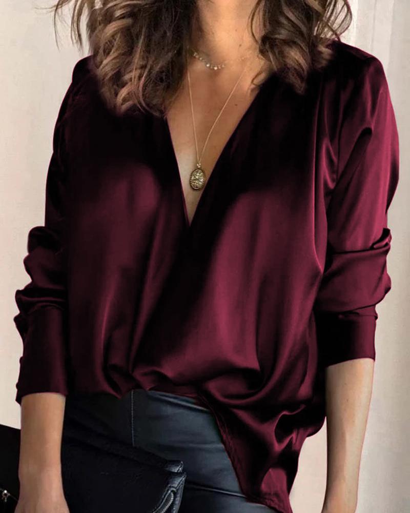 

Satin V-Neck Long Sleeve Top, Wine red