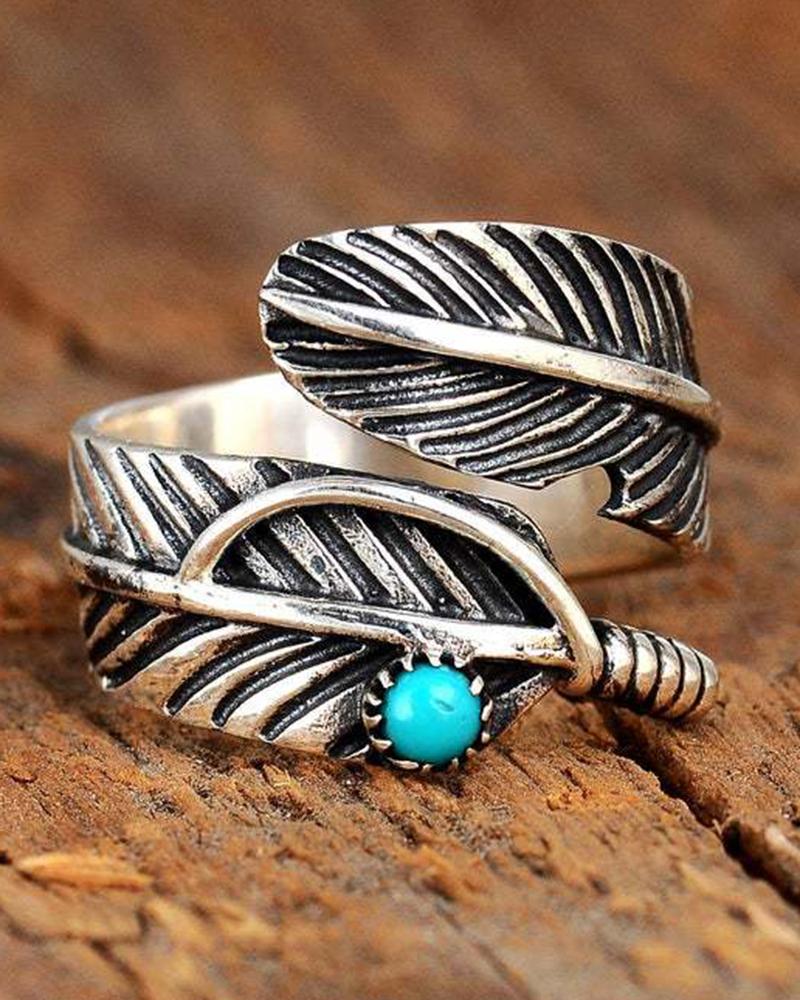

1pc Retro Turquoise Feather Shaped Opening Ring, Silver